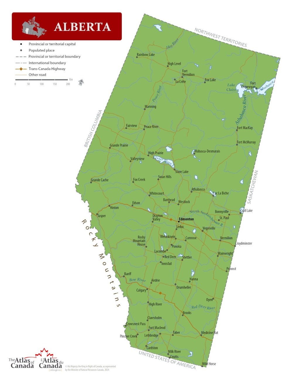 A large detailed map of Alberta, Canada