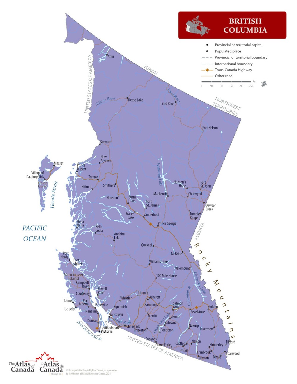 A large detailed map of British Columbia, Canada