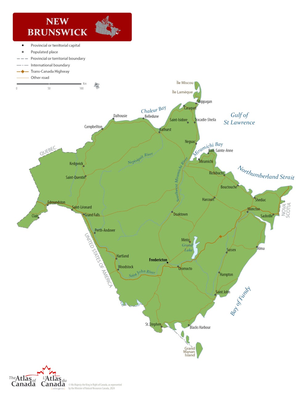 A large detailed map of New Brunswick, Canada