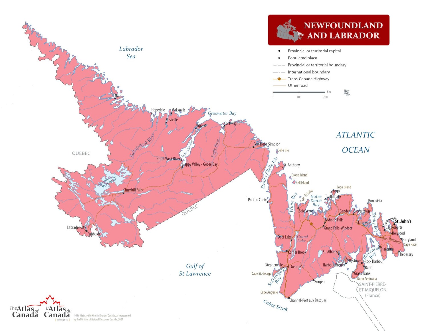 A large detailed map of Newfoundland and Labrador, Canada