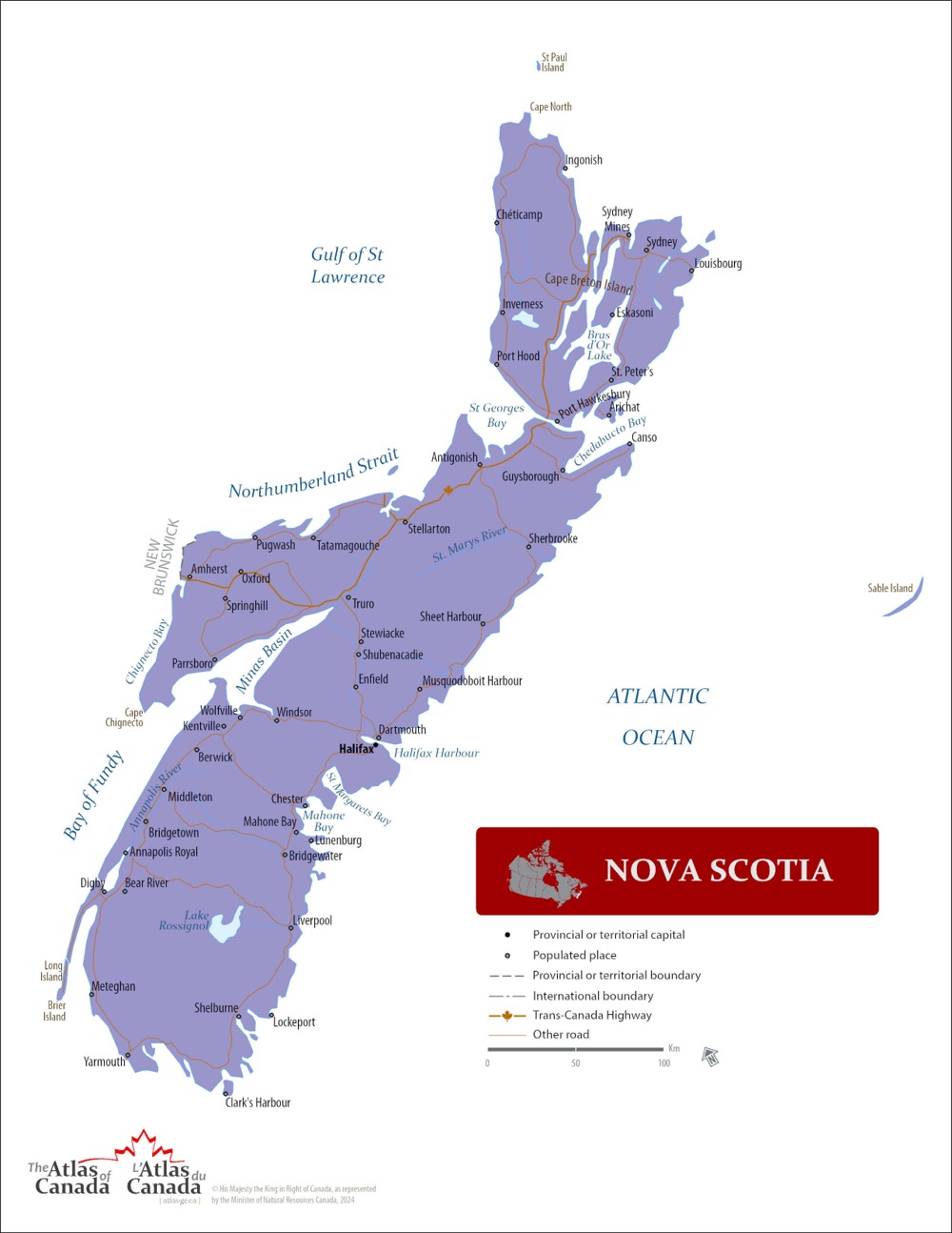 A large detailed map of Nova Scotia, Canada