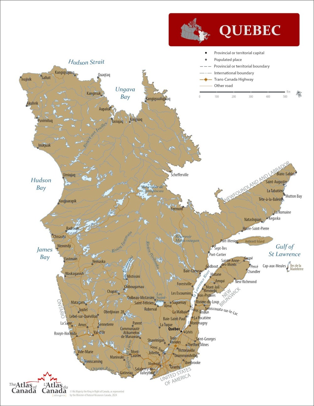 A large detailed map of Quebec, Canada