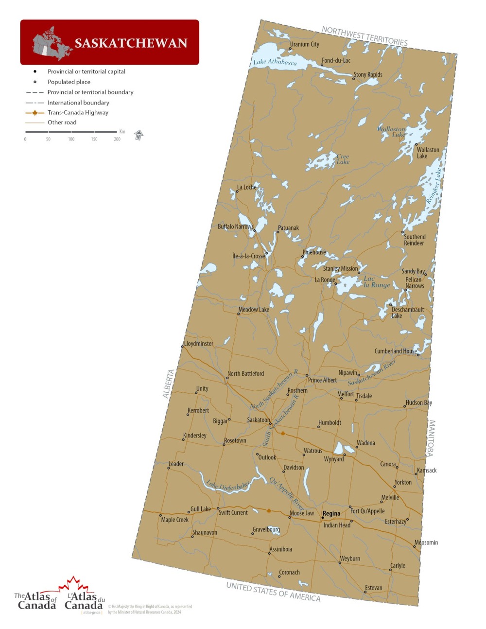 A large detailed map of Saskatchewan, Canada