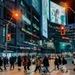 Yonge-Dundas Square at the intersection of Yonge Street and Dundas Street East, Toronto, Ontario, Canada.