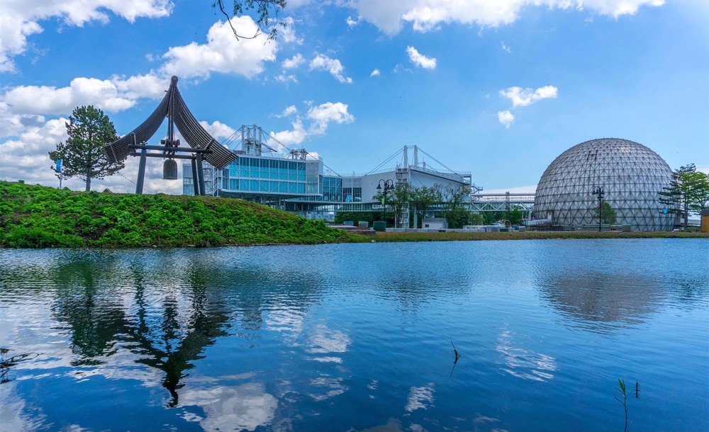 This is a photograph of the Cinesphere and the Ontario Place Pods in Toronto, Ontario, Canada. This really is a very nice photograph.
