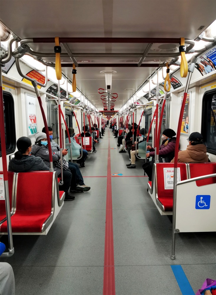 A Flexity Outlook (current generation [2022]) streetcar / tram interior in Toronto, Ontario, Canada.