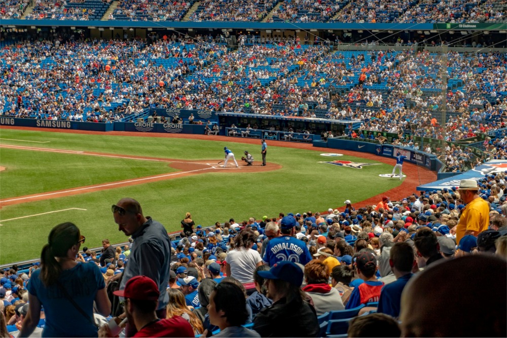 This is a photograph of a Blue Jays baseball game at Rogers Centre (originally SkyDome) in Toronto, Ontario, Canada.