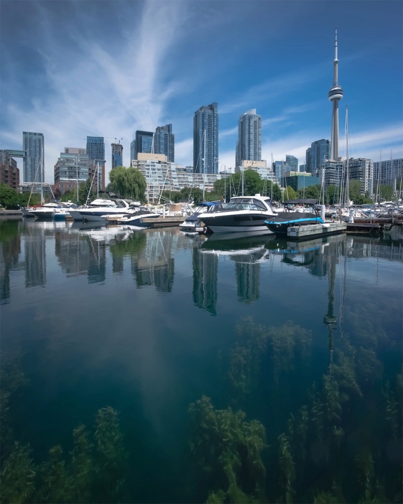 Photograph of the Toronto skyline with a marina and Lake Ontario in the foreground.
