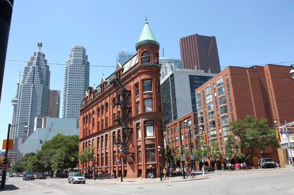 Photograph of the Gooderham Building aka Flatiron Building in Toronto, Ontario, Canada.