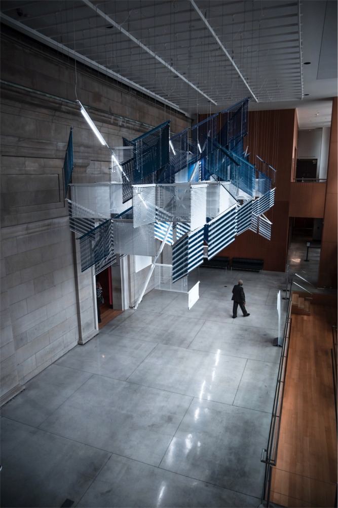 Photograph of the Emergence suspended sculpture by Haegue Yang at the Art Gallery of Ontario in Toronto Canada.