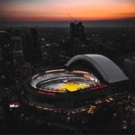 A baseball game at the Rogers Centre in Toronto, Ontario, Canada, taken at dusk.