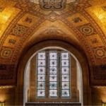 The spectacular mosaic ceiling of the Queen's Park entrance at the Royal Ontario Museum in Toronto.