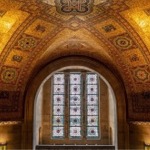 The spectacular mosaic ceiling of the Queen's Park entrance at the Royal Ontario Museum in Toronto.