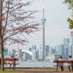 This is a beautiful photograph of the downtown Toronto skyline taken from the Toronto Islands.